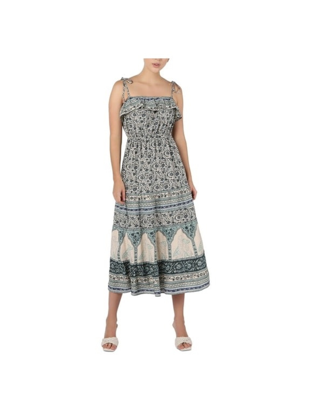Black Tape Women’s Blue and White Printed Ruffled Top Midi Dress